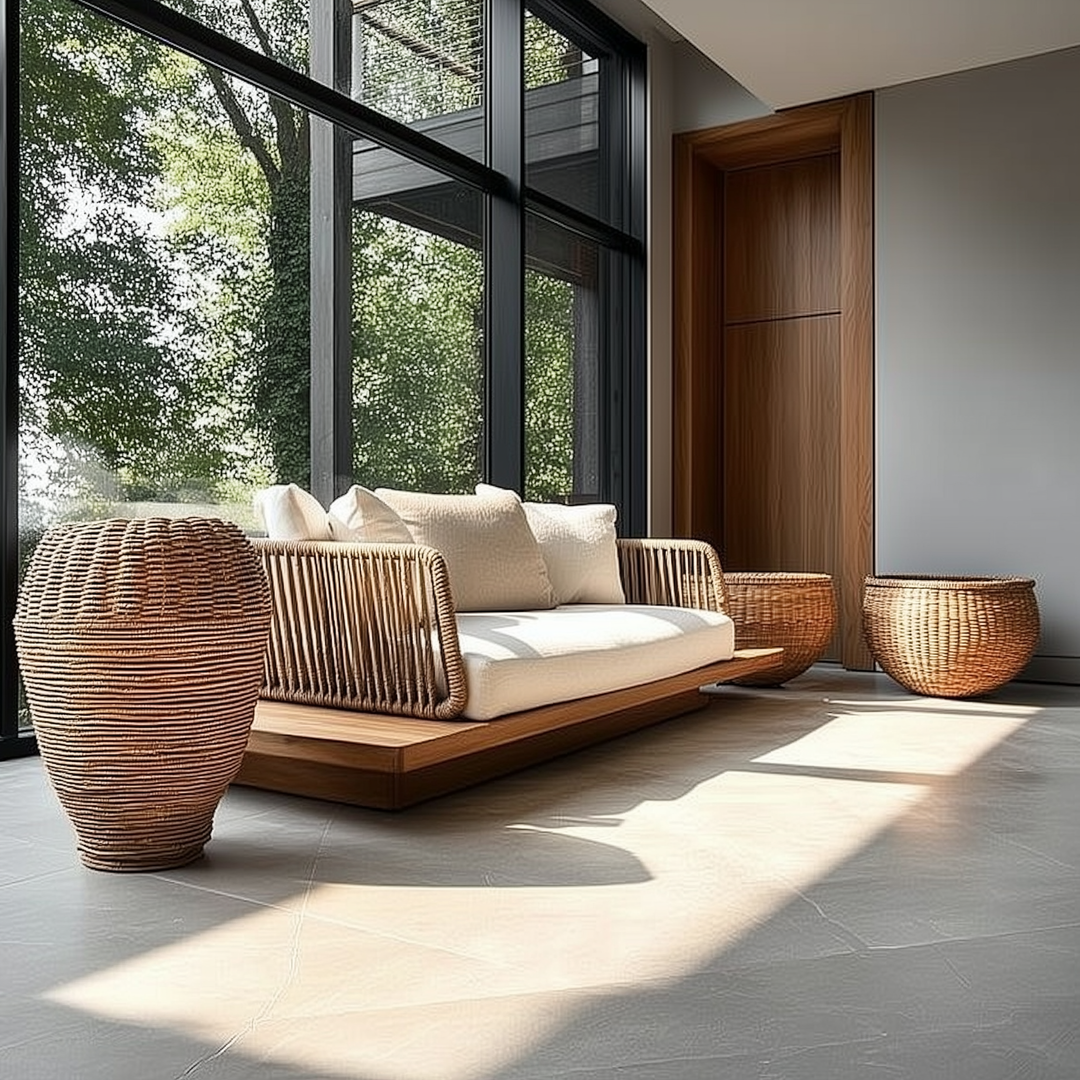 Buy farmhouse furniture Aegean Sea Teak &amp; Rattan Outdoor Sofa | Mediterranean Coastal Indoor Outdoor Lounge - Modern Cottage Farmhouse Furniture
