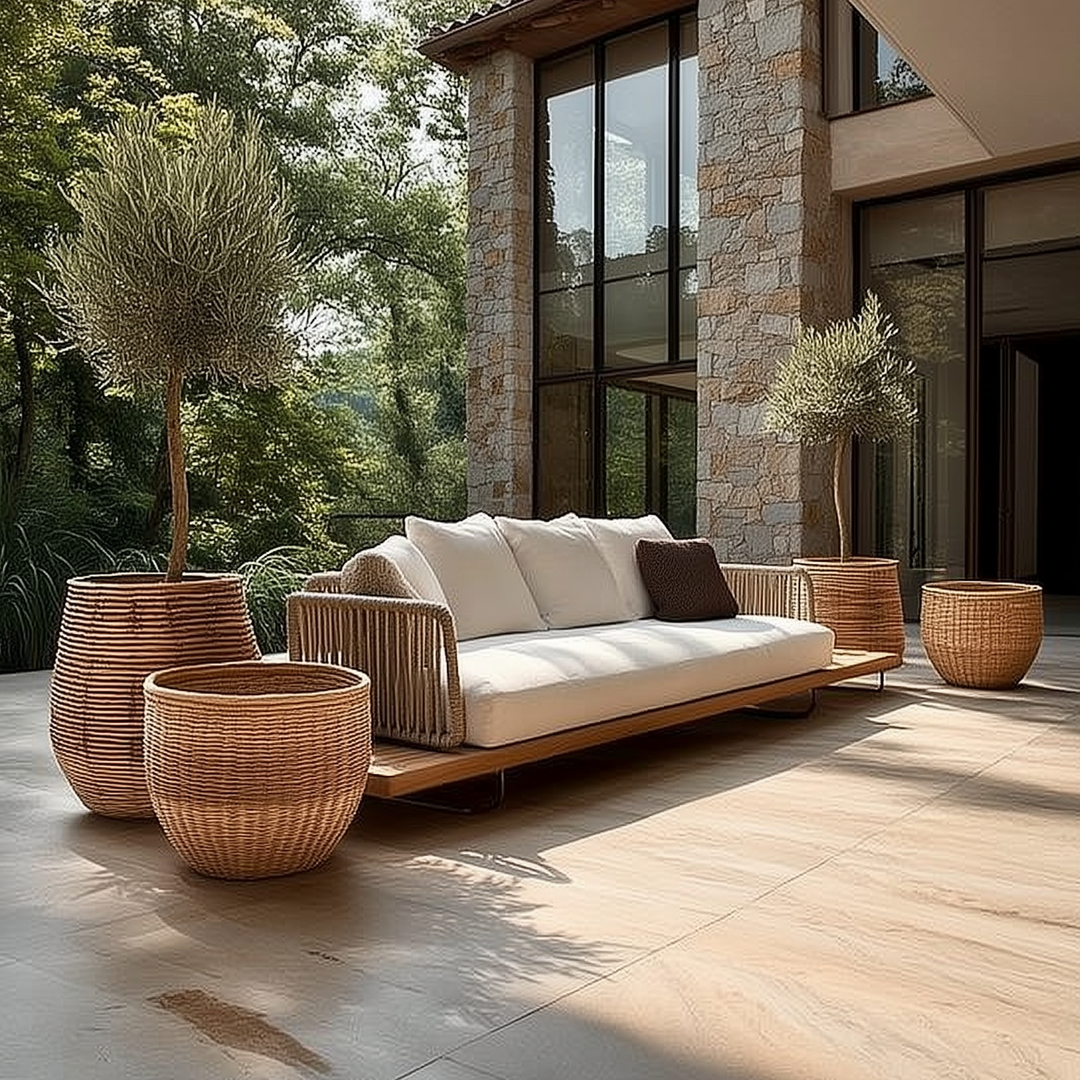 Buy farmhouse furniture Aegean Sea Teak &amp; Rattan Outdoor Sofa | Mediterranean Coastal Indoor Outdoor Lounge - Modern Cottage Farmhouse Furniture