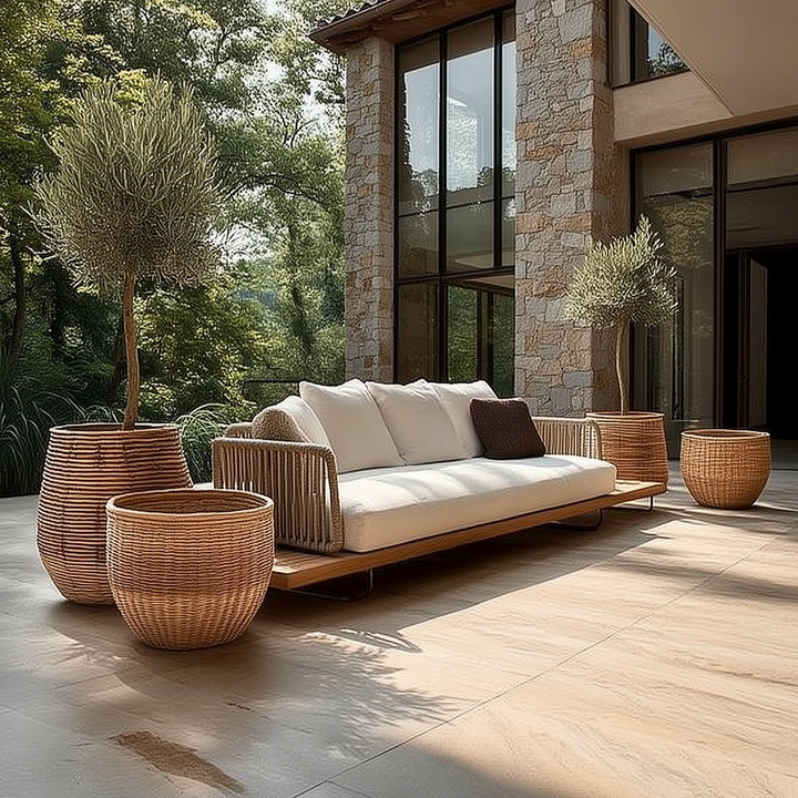 Buy farmhouse furniture Aegean Sea Teak &amp; Rattan Outdoor Sofa | Mediterranean Coastal Indoor Outdoor Lounge - Modern Cottage Farmhouse Furniture