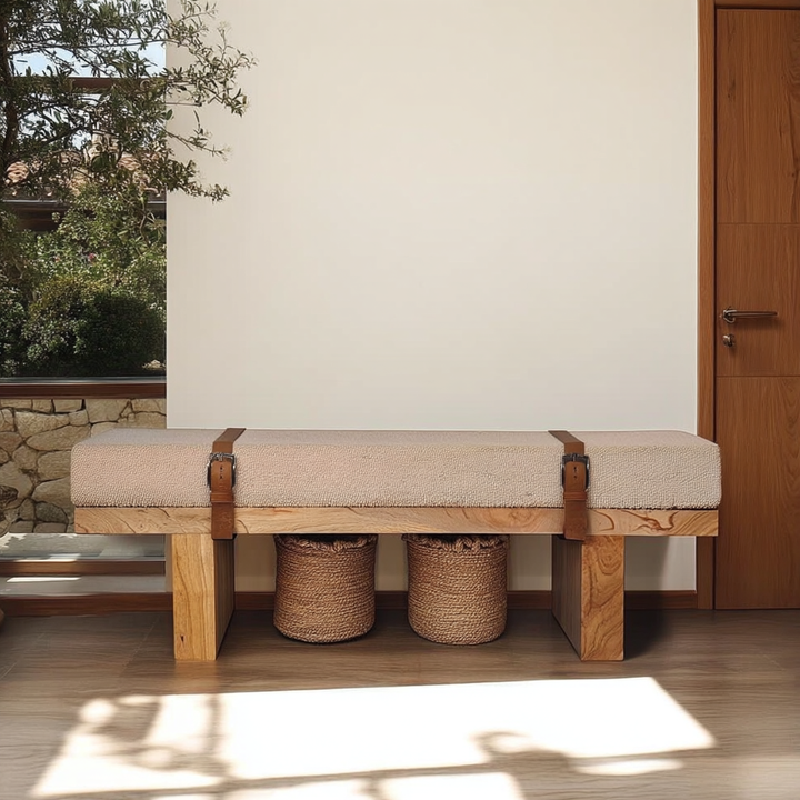 Buy farmhouse furniture Valencia Oro Greece Mediterranean Cream Bouclé Bench - Modern Cottage Farmhouse Furniture