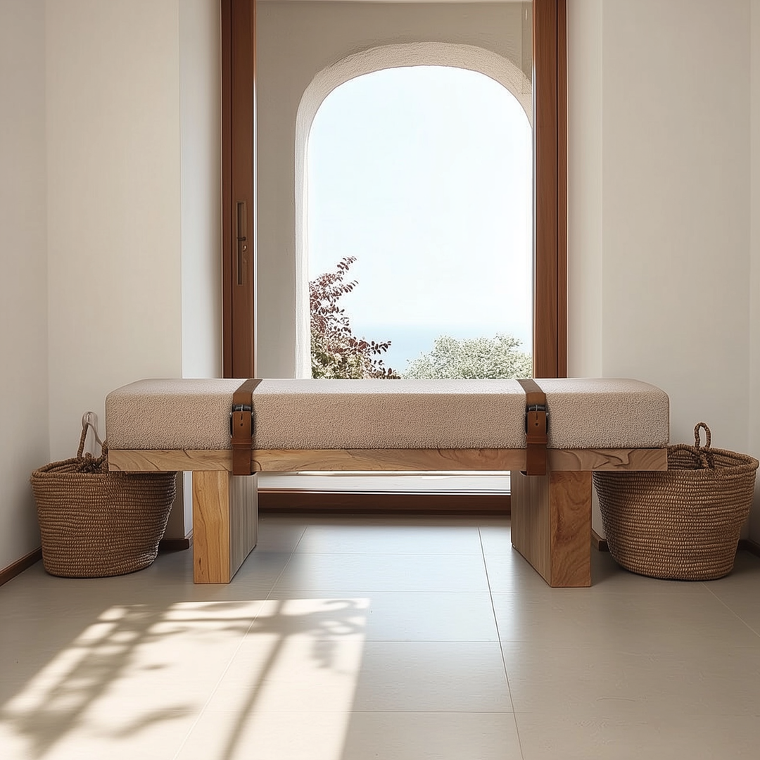 Buy farmhouse furniture Valencia Oro Greece Mediterranean Cream Bouclé Bench - Modern Cottage Farmhouse Furniture