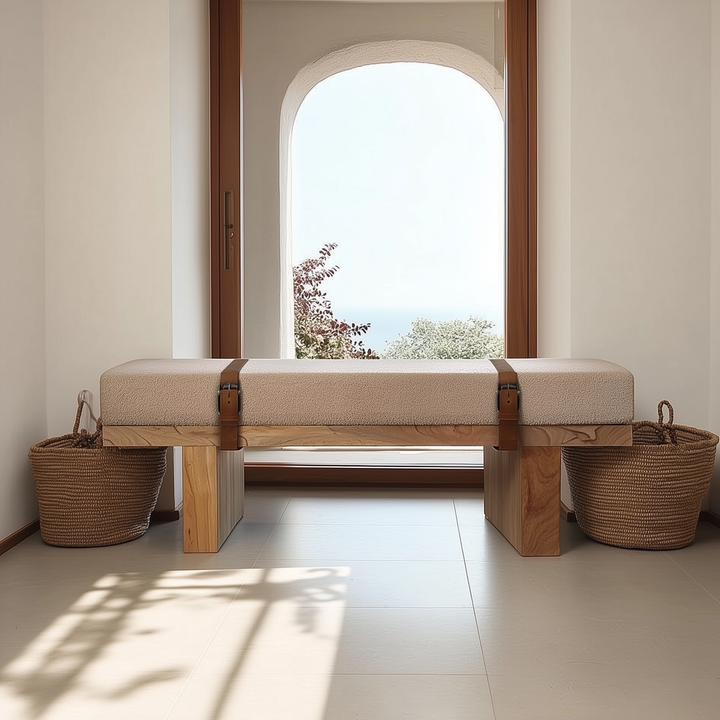 Buy farmhouse furniture Valencia Oro Greece Mediterranean Cream Bouclé Bench - Modern Cottage Farmhouse Furniture