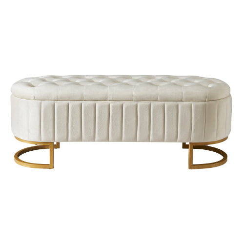 Buy farmhouse furniture The Marbella Mediterranean Farmhouse Button-Tufted Velvet Storage Ottoman Bench – Beige Upholstered Bench Seat with Metal Legs - Modern Cottage Farmhouse Furniture