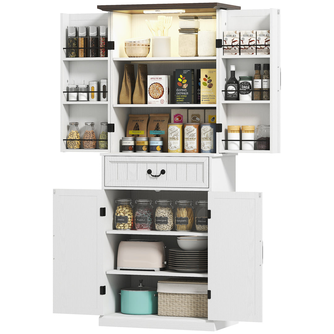 Buy farmhouse furniture Amara Farmhouse Kitchen Pantry Cabinet | Distressed White with LED Light &amp; Storage Shelves - Modern Cottage Farmhouse Furniture