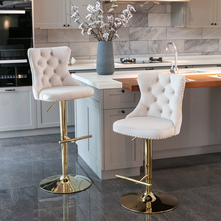 Buy farmhouse furniture Amir Gold Velvet Barstools Set of 2 | Swivel Adjustable Height | Mediterranean Kitchen Island Stools - Modern Cottage Farmhouse Furniture
