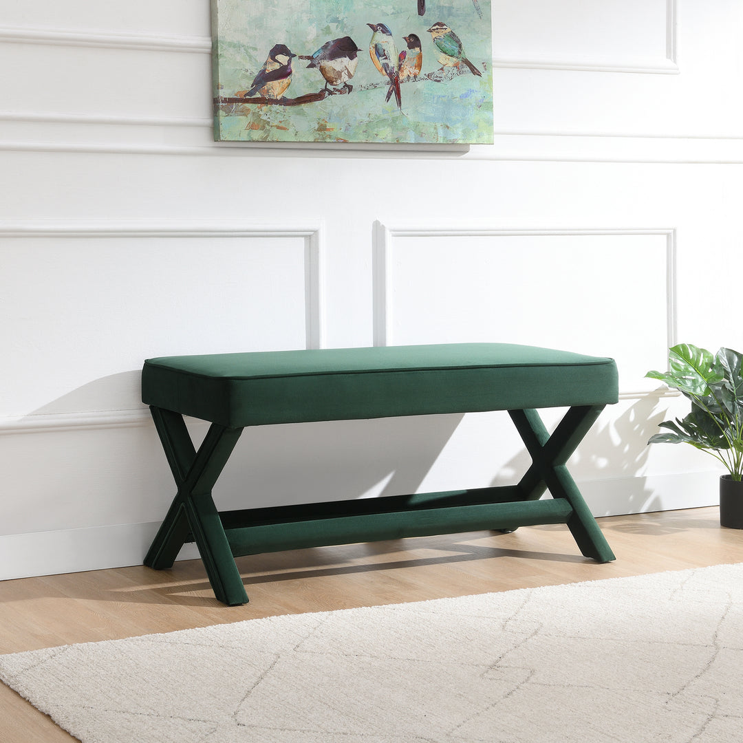 Buy farmhouse furniture Green Upholstered Bench X-Crossed Legs - Modern Cottage Farmhouse Furniture