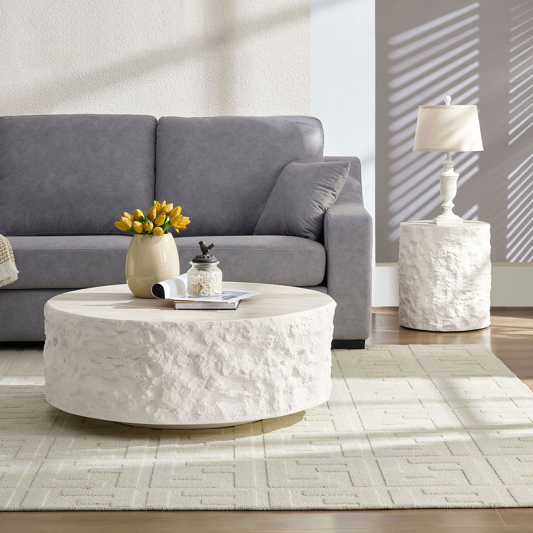 Buy farmhouse furniture Helios | Circular Italian Mediterranean Limestone Artificial Coffee Table Set - Modern Cottage Farmhouse Furniture