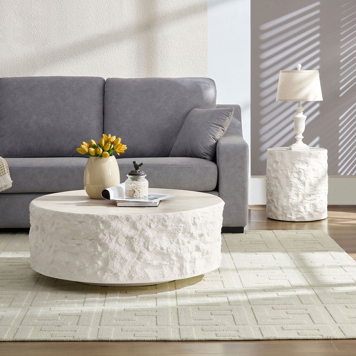 Buy farmhouse furniture Helios | Circular Italian Mediterranean Limestone Artificial Coffee Table Set - Modern Cottage Farmhouse Furniture