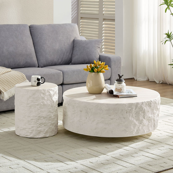 Buy farmhouse furniture Helios | Circular Italian Mediterranean Limestone Artificial Coffee Table Set - Modern Cottage Farmhouse Furniture