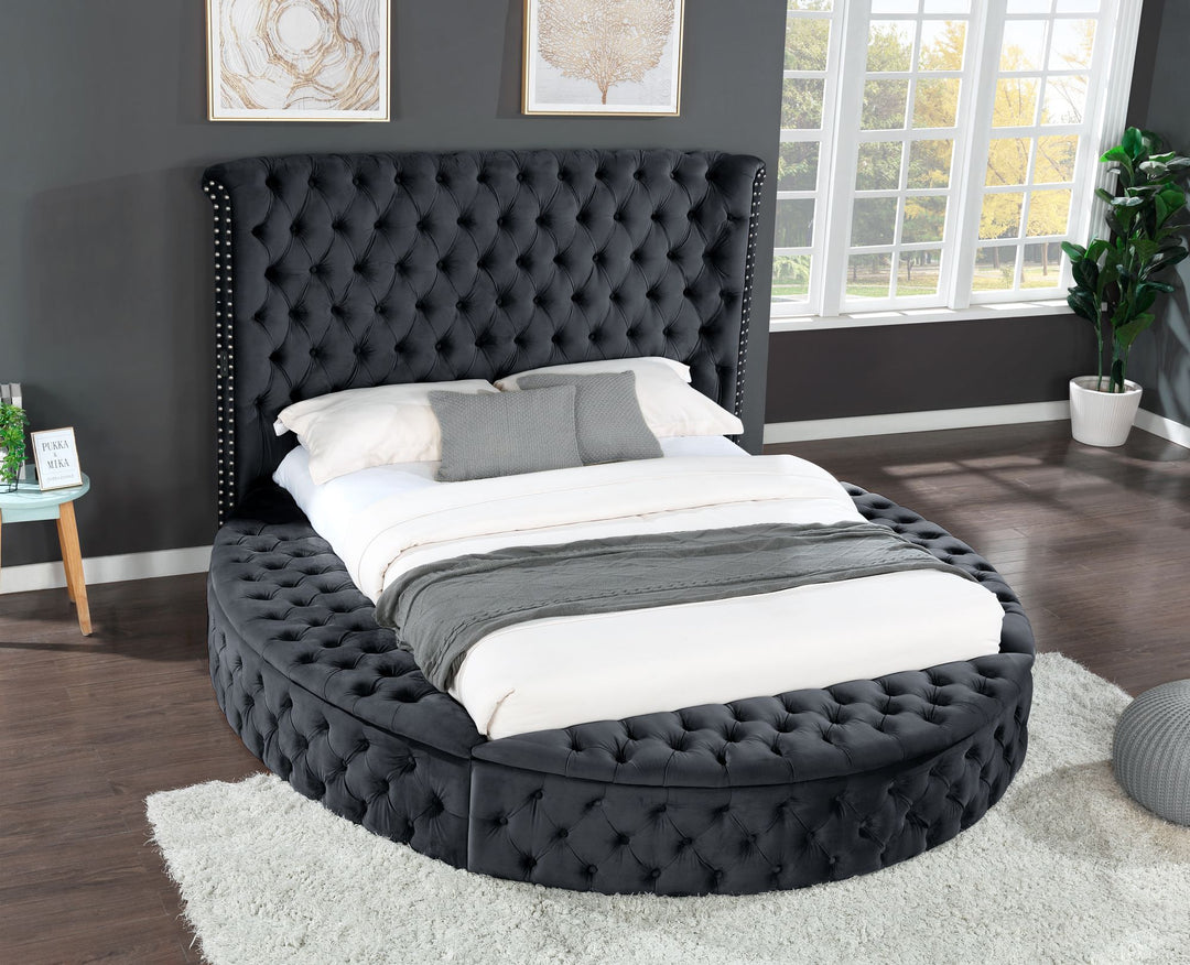 Buy farmhouse furniture Hazel Queen Size Tufted Upholstery Storage Bed made with Wood in Black - Modern Cottage Farmhouse Furniture