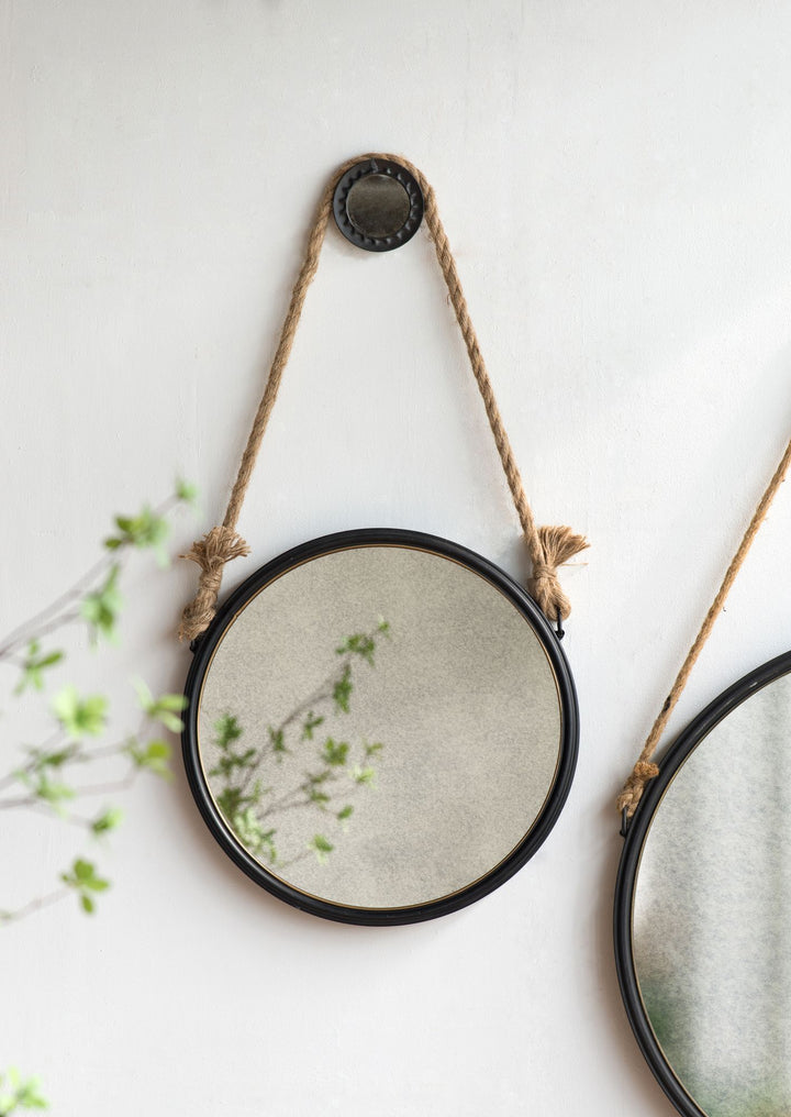 Buy farmhouse furniture Contemporary 19.5" Grey Round Metal Mirror - Cleveland Style with Rope Strap for Entryway &amp; Bathroom - Modern Cottage Farmhouse Furniture