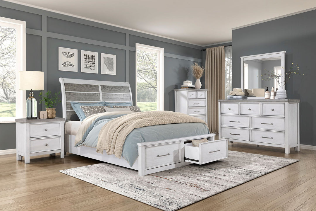 Buy farmhouse furniture Antique White and Gray Finish Queen Platform Bed with Footboard Storage Classic Design Wooden Furniture 1pc - Modern Cottage Farmhouse Furniture