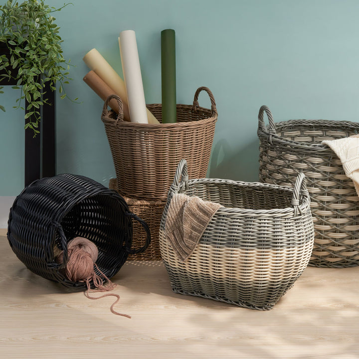 Buy farmhouse furniture Elegant Resin Wicker Storage Basket - Chocolate Brown Round Cone Design - Ideal for Organizing Clothes, Towels, and Magazines in a 16" x 16" x 14.5" Size - Modern Cottage Farmhouse Furniture