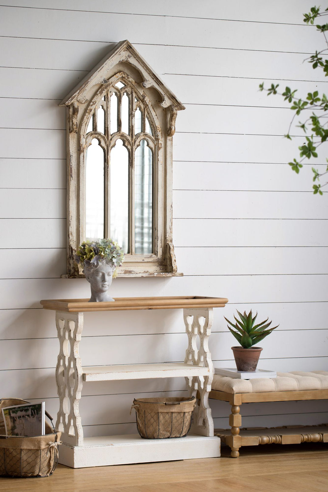 Buy farmhouse furniture Distressed Rustic White and Natural Wood Farmhouse Foyer Console Table - Modern Cottage Farmhouse Furniture