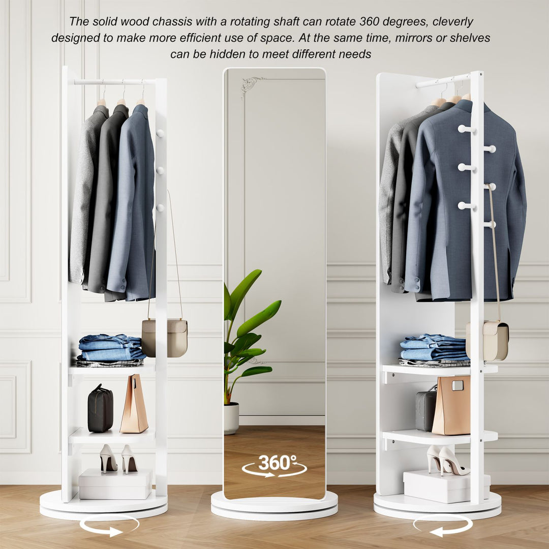 Buy farmhouse furniture Multifunctional Full Length Mirror with Coat Storage Rack - 360° Rotating Design for Bedroom and Closet in Beautiful White Finish - Modern Cottage Farmhouse Furniture