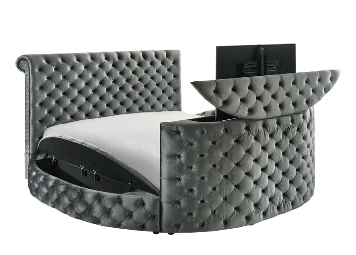 Buy farmhouse furniture 1pc Luxurious Circular King Size Bed Deeply Tufted Headboard Nail Head Trim Upholstered - Modern Cottage Farmhouse Furniture