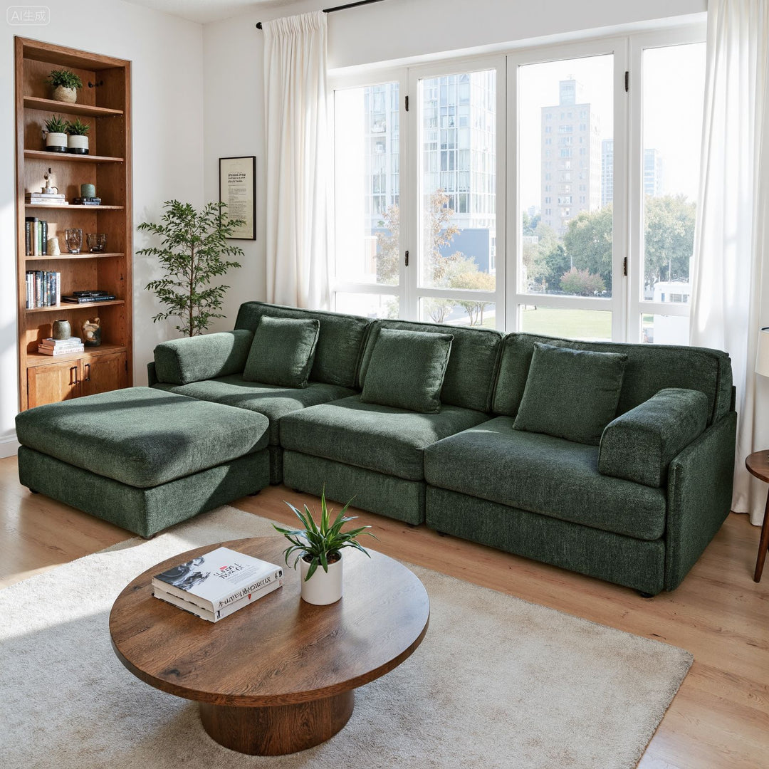 Buy farmhouse furniture Olea Farm | Oversized Green L-Shape 4 Seater Modular Farmhouse Sofa Couch - Modern Cottage Farmhouse Furniture