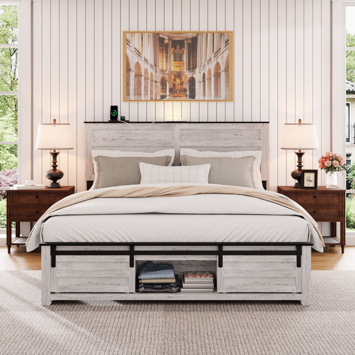 Buy farmhouse furniture Queen Bed Frame with Upholstered Headboard and Wood Platform,Storage Headboard with Charging Station and LED, Bed Frame with Pet Bed,No Noise, No Box Spring Needed,Easy Assembly,Antique White - Modern Cottage Farmhouse Furniture