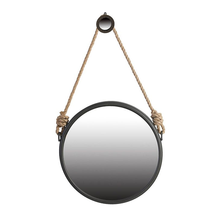 Buy farmhouse furniture Contemporary 19.5" Grey Round Metal Mirror - Cleveland Style with Rope Strap for Entryway &amp; Bathroom - Modern Cottage Farmhouse Furniture