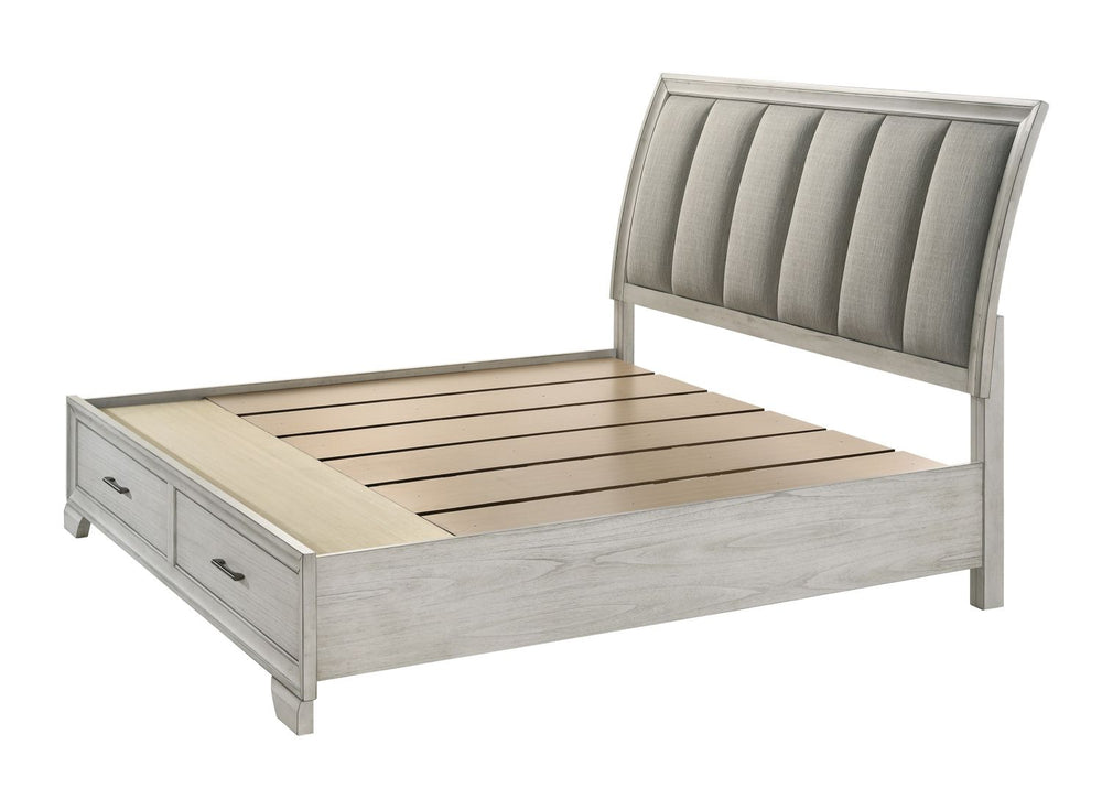 Buy farmhouse furniture Elegant Queen Farmhouse Platform Bed with Ultra-plush Headboard and Two Spacious Footboard Drawers - Solid Wood in White Mist - Modern Cottage Farmhouse Furniture