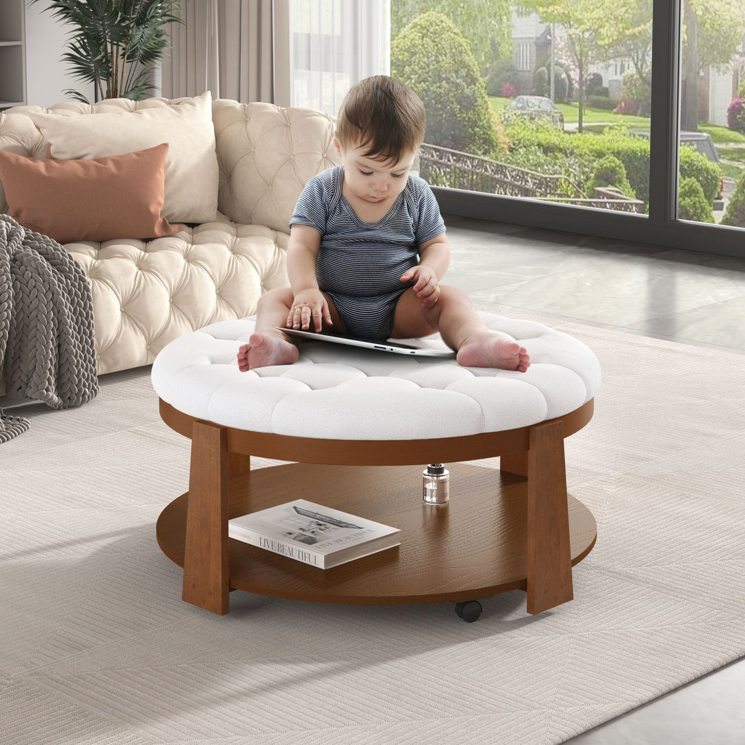 Buy farmhouse furniture Best Farmhouse Ottoman Coffee Table | Large Round 2-Tier Tufted Oversized Ottoman - Modern Cottage Farmhouse Furniture