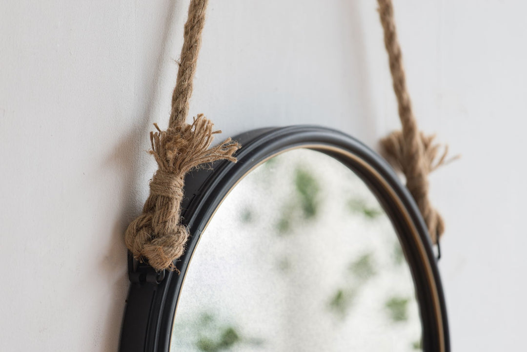 Buy farmhouse furniture Contemporary 19.5" Grey Round Metal Mirror - Cleveland Style with Rope Strap for Entryway &amp; Bathroom - Modern Cottage Farmhouse Furniture