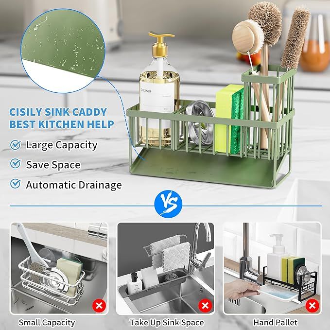Buy farmhouse furniture Kitchen Sink Caddy, Sponge Holder for Kitchen Sink, Kitchen Sink Organzier and Storage with High Brush Holder, 304 Stainless Gadgets Sink Accessories, Organizadores de Cocina Sage Green - Modern Cottage Farmhouse Furniture