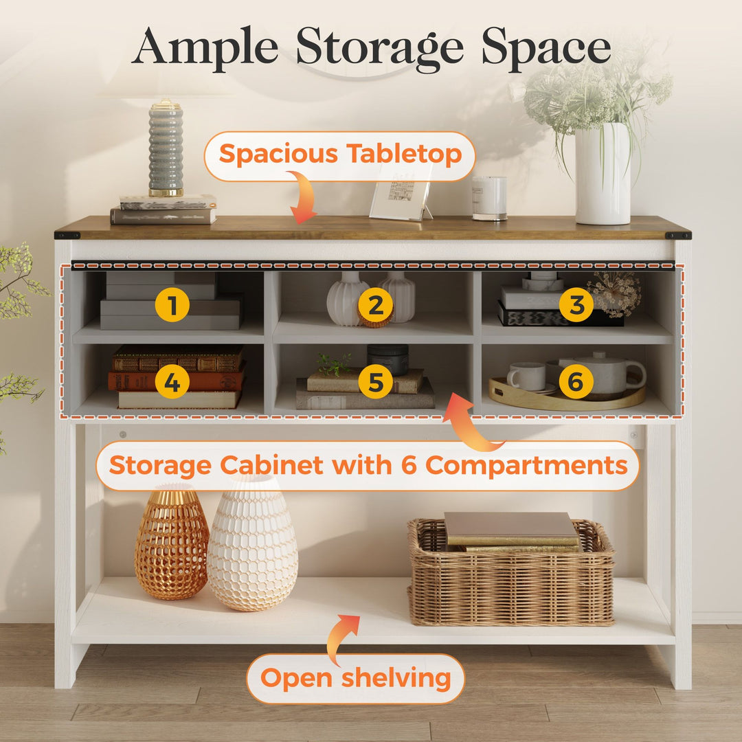 Buy farmhouse furniture Farmhouse Entryway Table with Drawers, 46" Console Table with Sliding Barn Door, Wood Rustic Sofa Table with Adjustable Shelf for Living Room, Foyer, Hallway, White and Rustic Oak - Modern Cottage Farmhouse Furniture