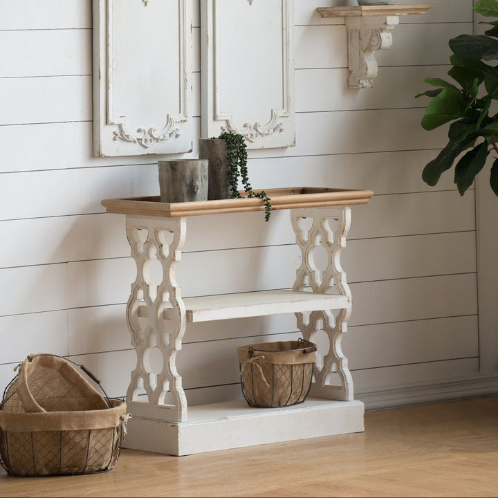 Buy farmhouse furniture Distressed Rustic White and Natural Wood Farmhouse Foyer Console Table - Modern Cottage Farmhouse Furniture