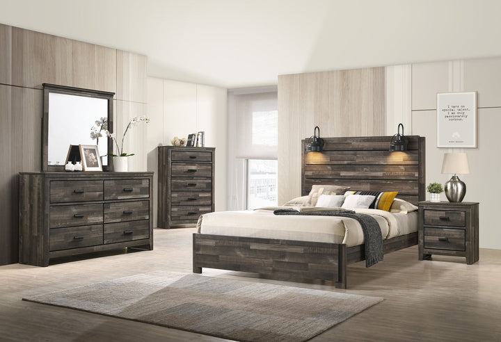 Buy farmhouse furniture Rustic Butcher Block King Bed Frame with Lamp | Weathered Brown - Modern Cottage Farmhouse Furniture