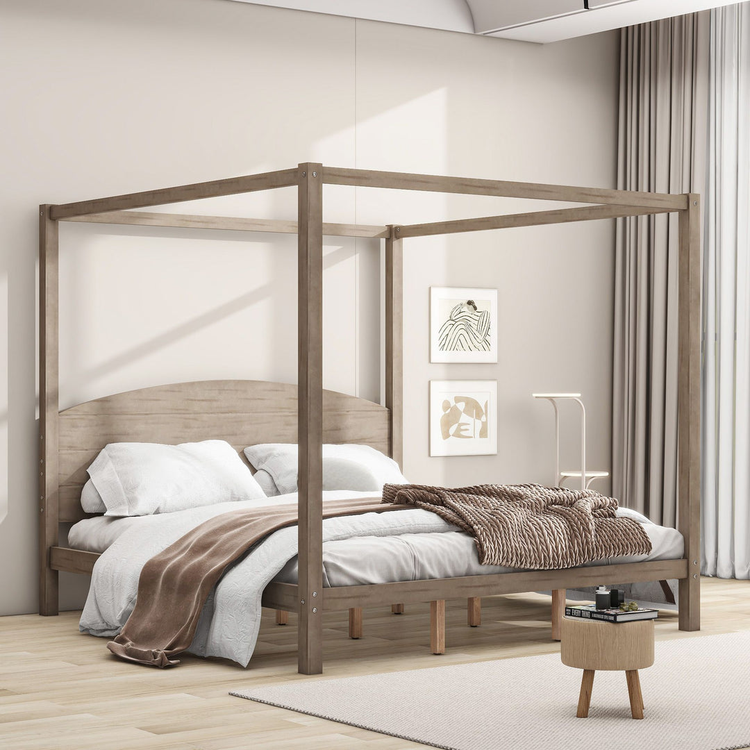 Buy farmhouse furniture King Size Canopy Platform Bed with Headboard and Support Legs, Brown Wash - Modern Cottage Farmhouse Furniture