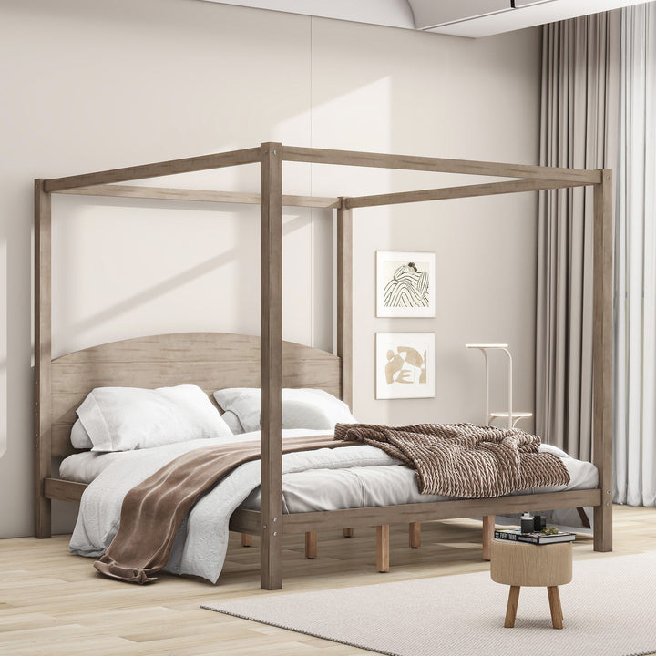 Buy farmhouse furniture King Size Canopy Platform Bed with Headboard and Support Legs, Brown Wash - Modern Cottage Farmhouse Furniture