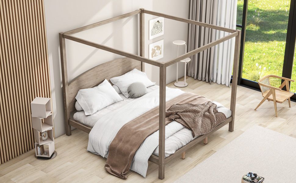 Buy farmhouse furniture King Size Canopy Platform Bed with Headboard and Support Legs, Brown Wash - Modern Cottage Farmhouse Furniture