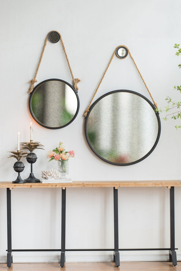 Buy farmhouse furniture Contemporary 19.5" Grey Round Metal Mirror - Cleveland Style with Rope Strap for Entryway &amp; Bathroom - Modern Cottage Farmhouse Furniture