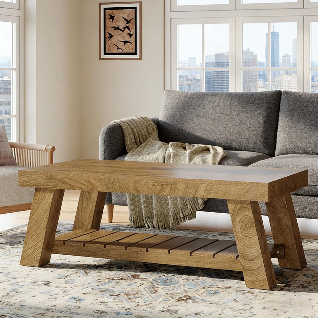 Buy farmhouse furniture Rectangular Farmhouse Coffee Table with 2-Tier Storage - Modern Cottage Farmhouse Furniture