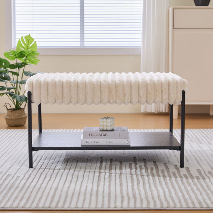 Buy farmhouse furniture Best Farmhouse Wide Upholstered Tufted Foot Rest with Black Metal Legs - Modern Cottage Farmhouse Furniture