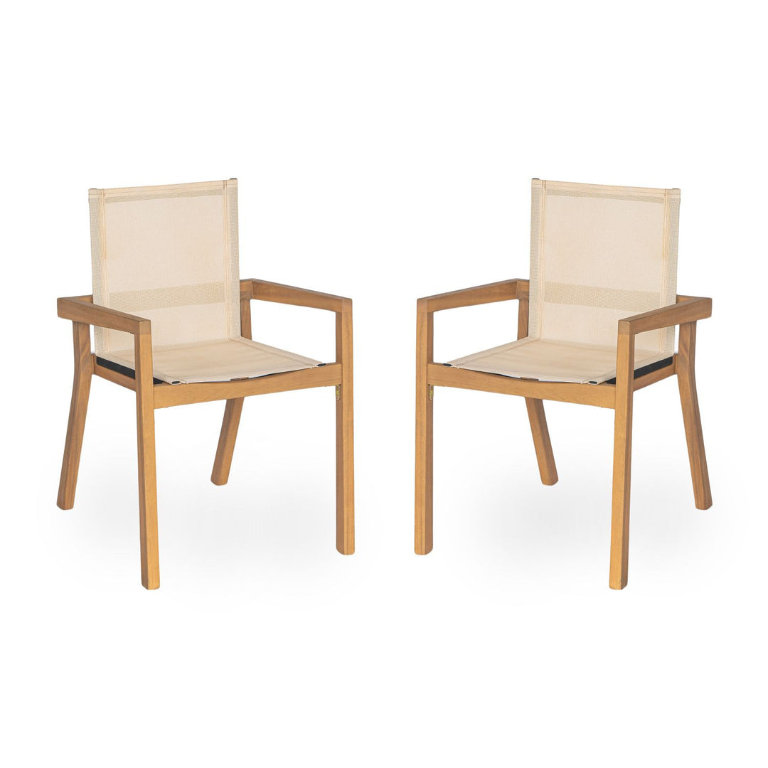 Buy farmhouse furniture Acacia Wood Outdoor Dining Set for 6 | Teak Finish Table &amp; Beige Mesh Chairs | 7-Piece Patio Set - Modern Cottage Farmhouse Furniture