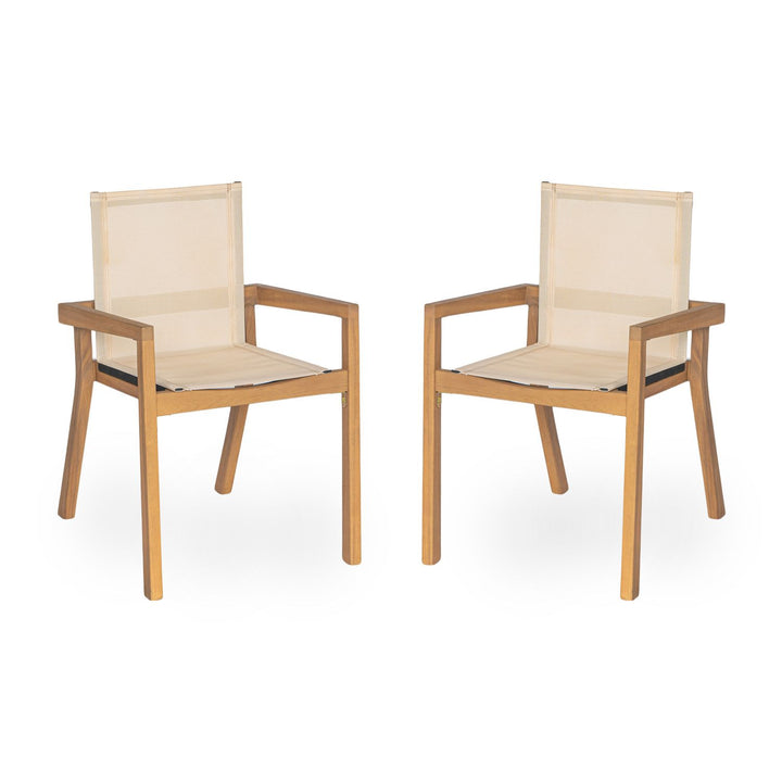 Buy farmhouse furniture Acacia Wood Outdoor Dining Set for 6 | Teak Finish Table &amp; Beige Mesh Chairs | 7-Piece Patio Set - Modern Cottage Farmhouse Furniture