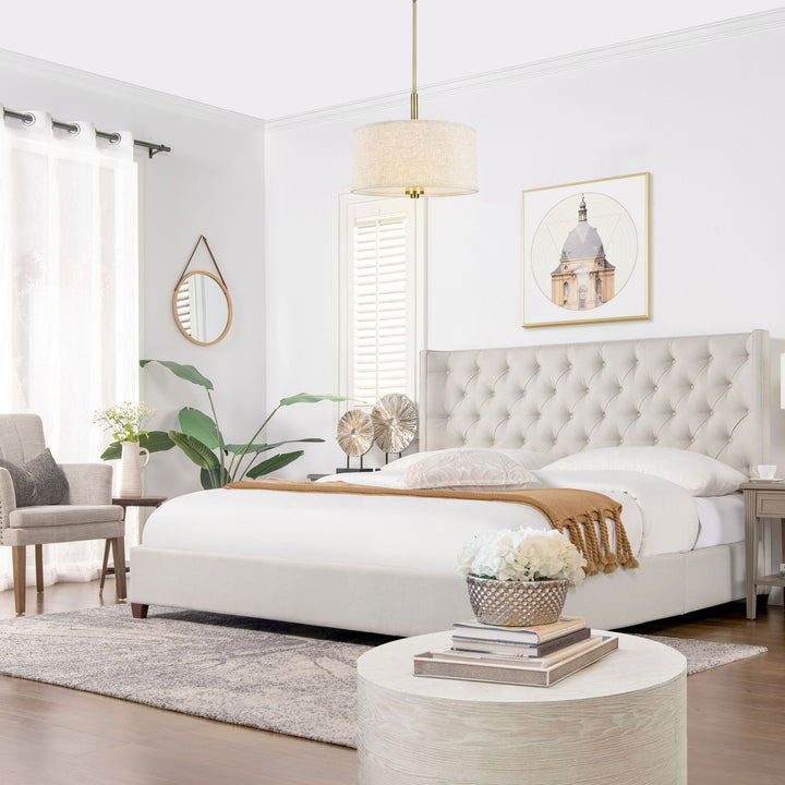 Buy farmhouse furniture Manhattan Shelter King Platform Bed Frame, Light Beige Linen - Modern Cottage Farmhouse Furniture