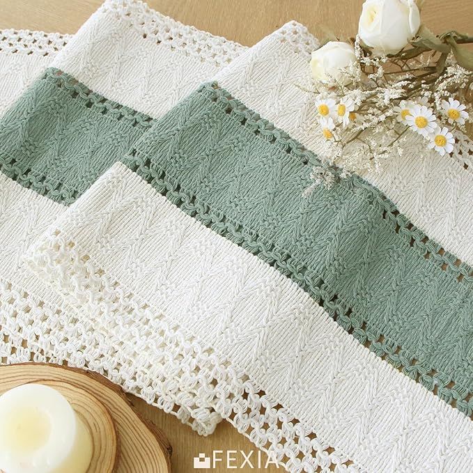Buy farmhouse furniture Sage Green Farmhouse Table Runner 72 Inches Long with Tassels - Modern Cottage Farmhouse Furniture