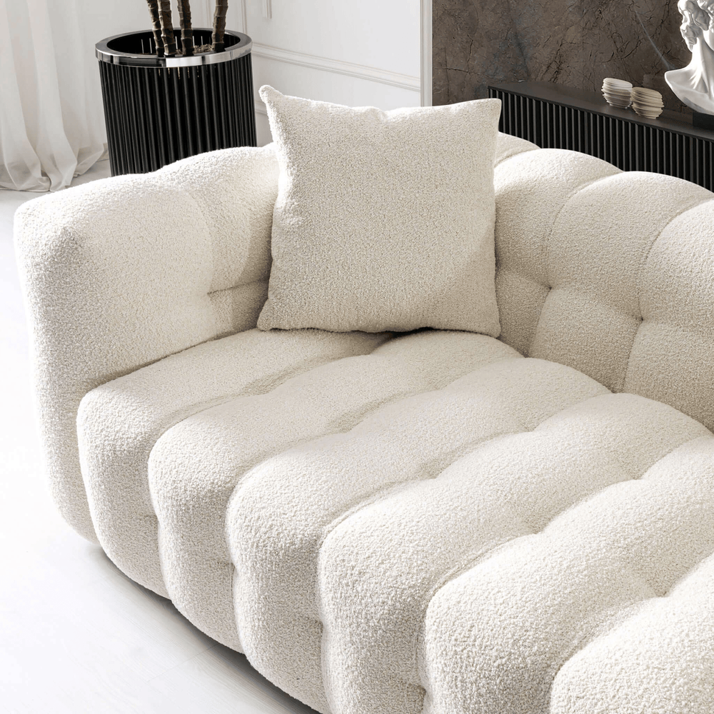 Buy farmhouse furniture The White Fence • Modern Farmhouse Cottage Boucle Fabric Sofa - Modern Cottage Farmhouse Furniture