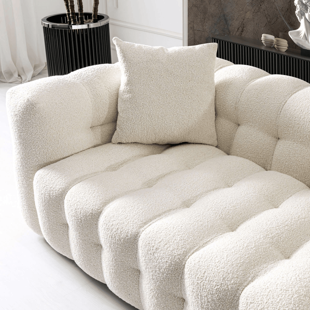 Buy farmhouse furniture The White Fence • Modern Farmhouse Cottage Boucle Fabric Sofa - Modern Cottage Farmhouse Furniture
