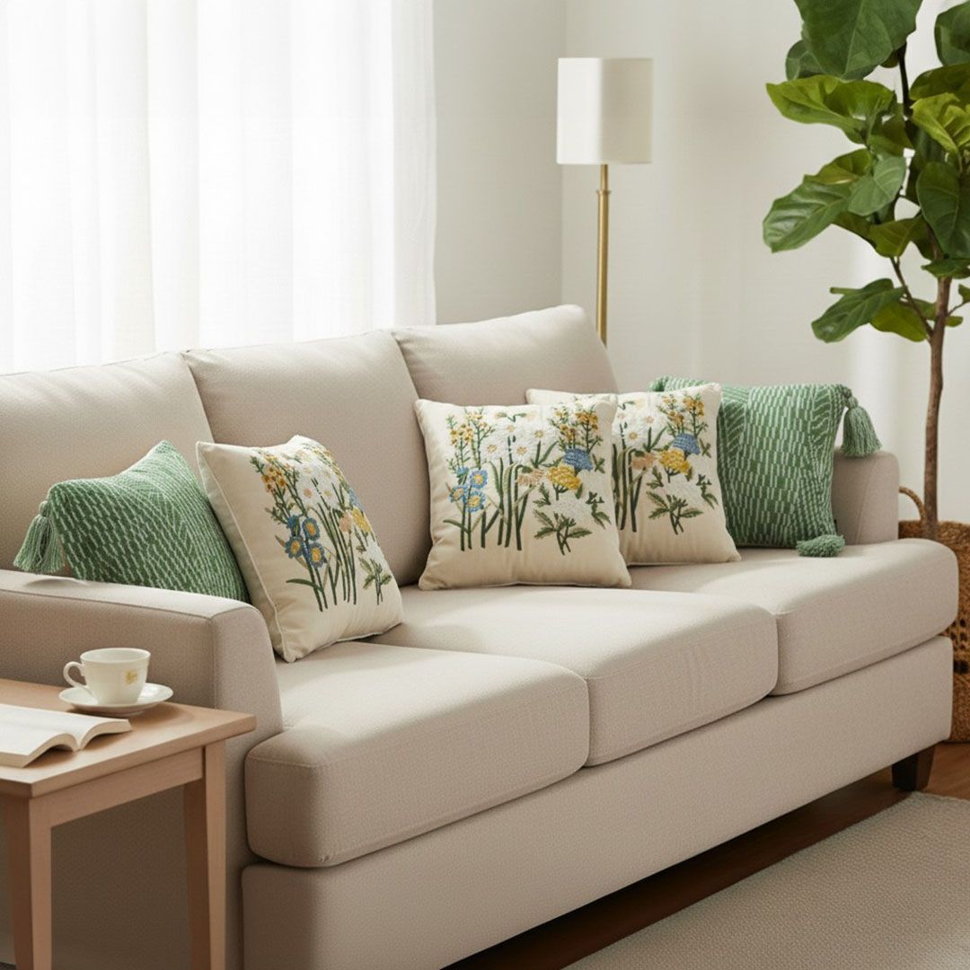 Buy farmhouse furniture 5PC 17.7 inches Green Decorative Pillowcase Set – Sage Chevron Tassel &amp; Botanical Garden Pillow Covers - Modern Cottage Farmhouse Furniture