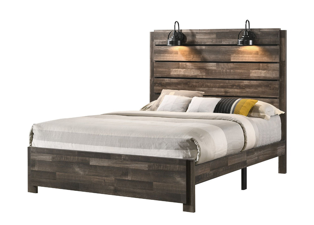 Buy farmhouse furniture Rustic Butcher Block King Bed Frame with Lamp | Weathered Brown - Modern Cottage Farmhouse Furniture