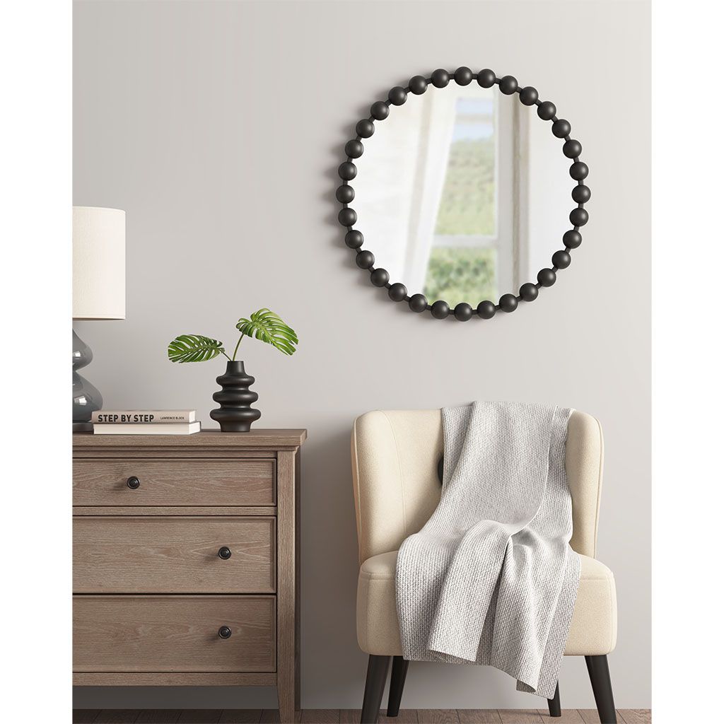 Buy farmhouse furniture Black Round Beaded Wall Mirror 27"D - Modern Cottage Farmhouse Furniture