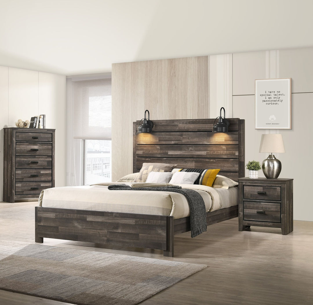 Buy farmhouse furniture Rustic Butcher Block King Bed Frame with Lamp | Weathered Brown - Modern Cottage Farmhouse Furniture