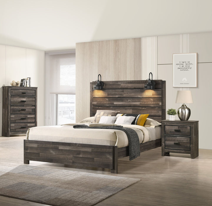 Buy farmhouse furniture Rustic Butcher Block King Bed Frame with Lamp | Weathered Brown - Modern Cottage Farmhouse Furniture