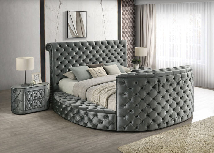 Buy farmhouse furniture 1pc Luxurious Circular King Size Bed Deeply Tufted Headboard Nail Head Trim Upholstered - Modern Cottage Farmhouse Furniture