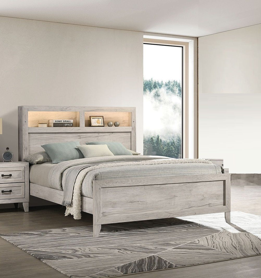 Buy farmhouse furniture 1pc King Size Farmhouse Bed w Headboard Shelves and Light White Wash Contemporary Furniture - Modern Cottage Farmhouse Furniture