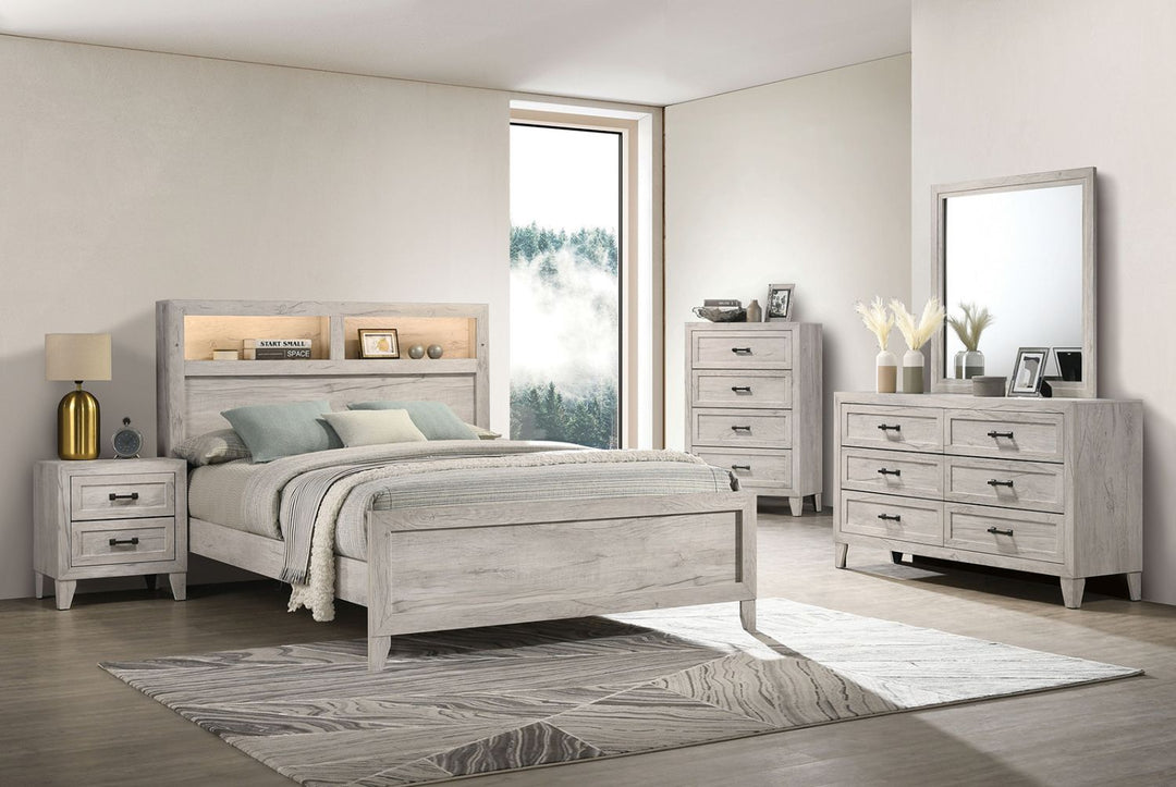 Buy farmhouse furniture 1pc King Size Farmhouse Bed w Headboard Shelves and Light White Wash Contemporary Furniture - Modern Cottage Farmhouse Furniture